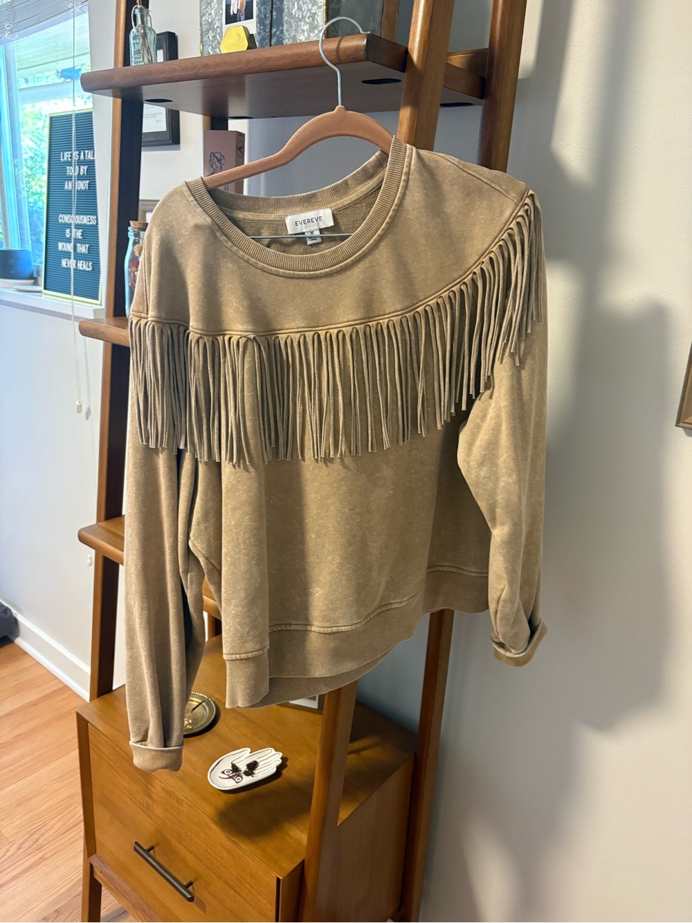 Evereve Taupe Fringe Crewneck Sweatshirt
